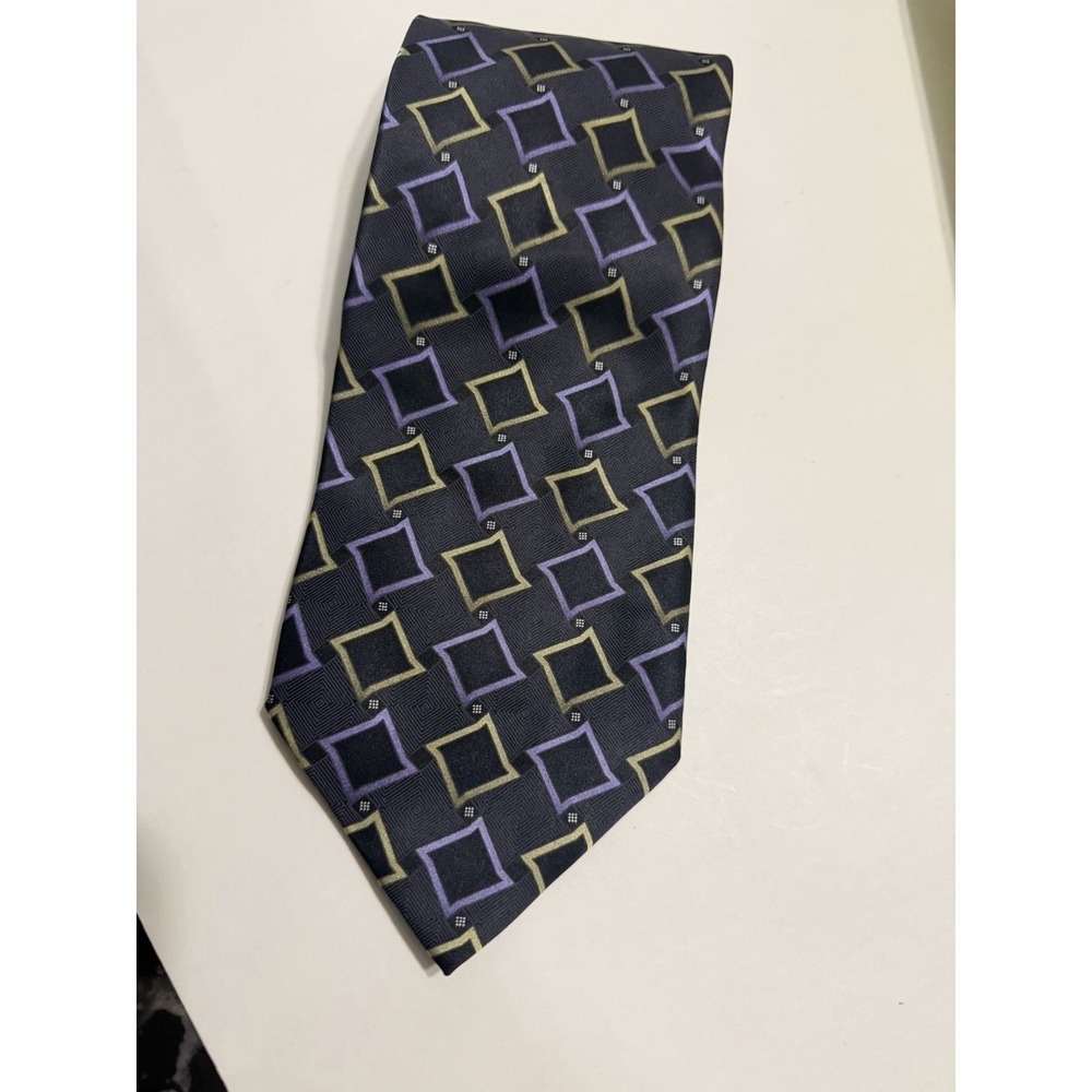 Covington Mens Silk Tie Navy Purple Gold Geometric Square Pattern Formal Necktie